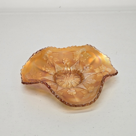 Antique Fenton Carnival Glass Little Flowers Marigold Ruffled 1908 Golden Sunset - Picture 14 of 16